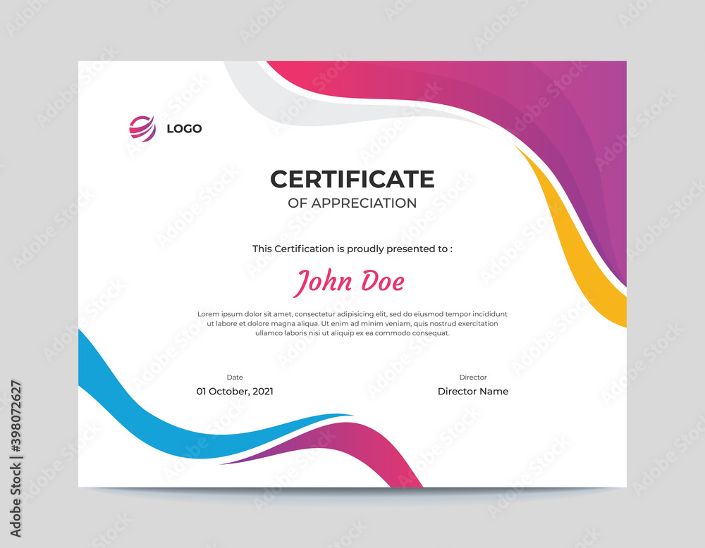Colored Pink, Purple, Blue and Orange Waves Certificate Design Template ...