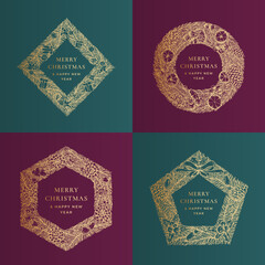 Canvas Print - Christmas Greetings Vector Banner Templates Set. Winter Holiday Geometry Doodle Pine Branches Wreath Sketches. New Year Frame Labels or Card Design Collection with Golden Glitter