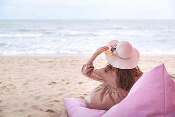 Sticker - Traveler asian woman travel and relax on beach in Pattaya summer Thailand