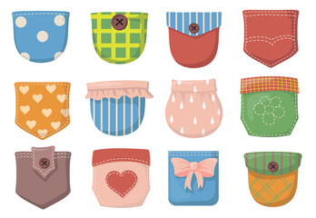 variety of colorful patch pockets flat item set. cartoon pockets with seams, buttons and flaps for s