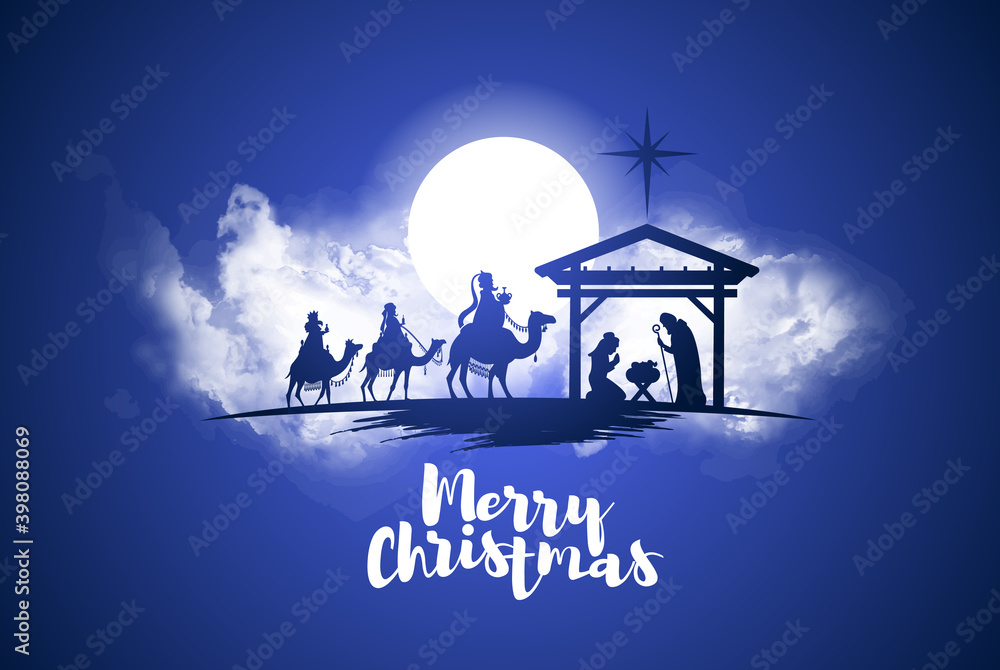 vector illustration Birth of Christ, baby Jesus reaching the Magi bear gifts, three wise kings and star of bethlehem, nativity christmas graphics design elements - obrazy, fototapety, plakaty 