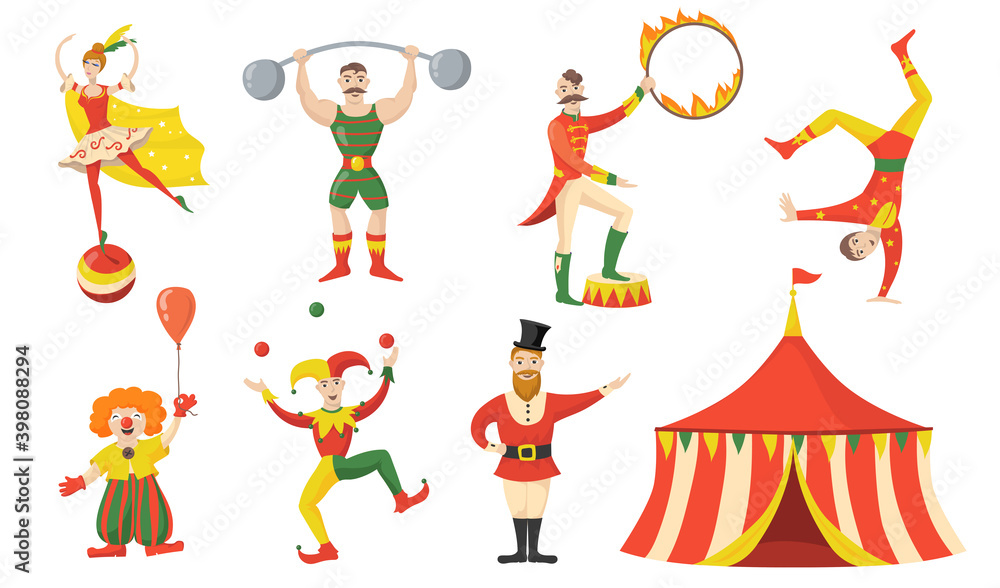 Cheerful circus character and performers flat set for web design ...