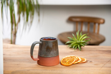 colorful coffee cup on wooden table