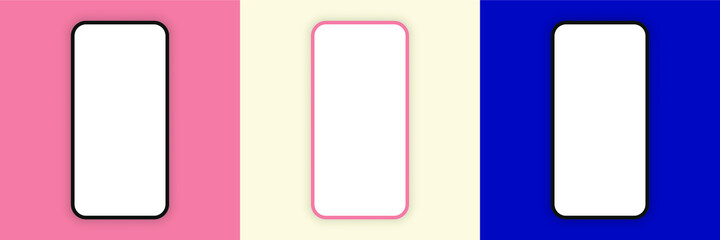 Mobile phone mockup set. Smartphone blank screen display cartoon style, cellphone frame colored background. Vector illustration