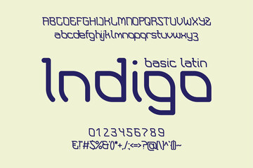 Wall Mural - Indigo Basic Latin display font. Artistic typeface with uppercase and lowercase letters, numbers and punctuation in Indian ethnic style.