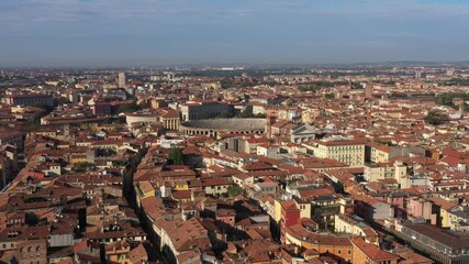 Wall Mural - Aerial drone panoramic video from iconic city of Verona. The historical part of the city of Verona. Aerial view of Verona city center, Italy. City panoramic landscape, Ponte Pietra Verona.