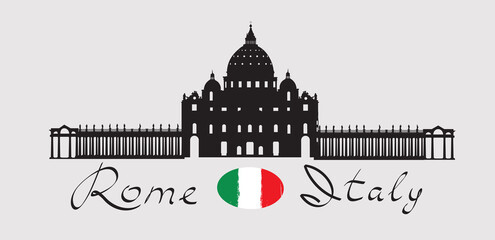 Wall Mural - Rome travel landark San Peter Cathedral. Italian famous place San Pietro square silhouette icon with handwritten Lettering Rome Italy and italian flag.