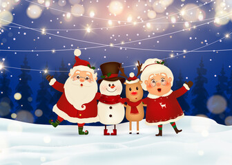 Merry Christmas. Happy new year. Santa Claus with Mrs. Claus, Reindeer, snowman in Christmas snow scene winter landscape. Mrs. Claus Together. Vector cartoon character of Santa Claus