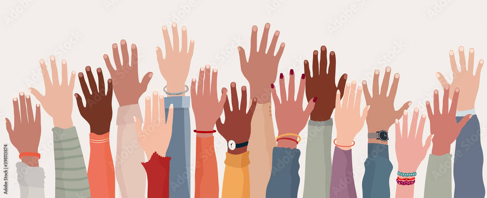 Group raised human arms and hands.Diversity multiethnic people. Racial equality. Men and women of different culture and nations. Coexistence harmony. Multicultural community integration - obrazy, fototapety, plakaty 