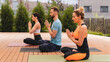 © InsideCreativeHouse - Group of slim people while meditation in park on mats