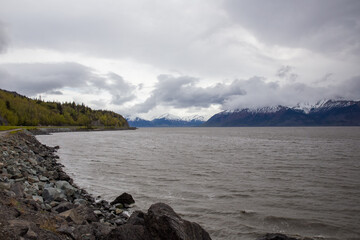 Canvas Print - Coastal view of cloudy Turnagain Arm, Alaska