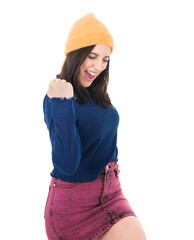 Excited beautiful young woman with closed eyes and clenched fists, isolated on white background. Yes concept. Good news