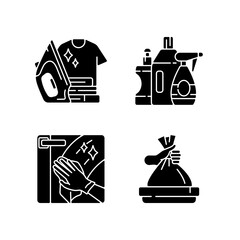 Sticker - Housework black glyph icons set on white space. Ironing clothing, washing window, taking out trash and cleaning products. Housekeeping duties silhouette symbols. Vector isolated illustrations