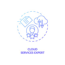 Cloud Services Expert Blue Gradient Concept Icon. IT Professional. Computing Specialist. Virtual Assistant Skill Idea Thin Line Illustration. Vector Isolated Outline RGB Color Drawing