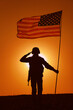 © Getmilitaryphotos - Silhouette of USA armed forces soldier, army infantryman or Marine Corps fighter saluting while standing with waving national flag on sunset background. Military victory and glory, fallen remembrance