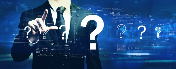 Poster - Question marks with businessman on a dark blue background