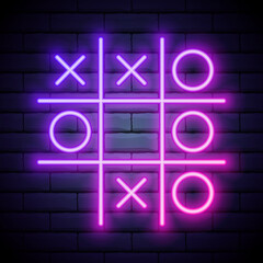 Tic tac toe game, linear outline icon. Colour neon style on brick wall background. Light icon