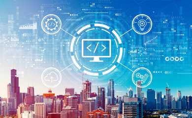 Wall Mural - Web development concept with downtown Chicago cityscape skyscrapers