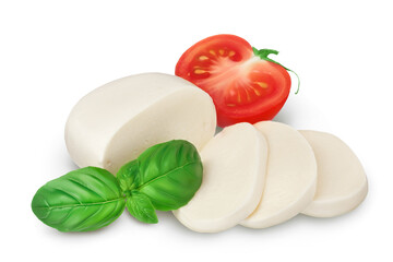 Wall Mural - Mozzarella cheese sliced with basil leaf and tomato isolated on white background with clipping path and full depth of field