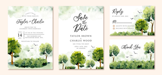 Wall Mural - wedding invitation set with green landscape watercolor