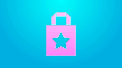 Sticker - Pink line Paper shopping bag icon isolated on blue background. Package sign. 4K Video motion graphic animation