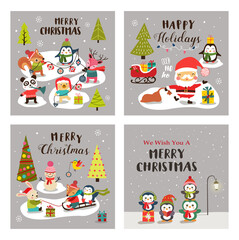 Wall Mural - Set of vector Christmas background with Santa Claus and cute cartoon animals.