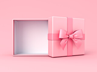 Poster - Blank pink pastel color present box or open gift box with pink ribbon and bow isolated on pink pastel color background with shadow minimal conceptual 3D rendering