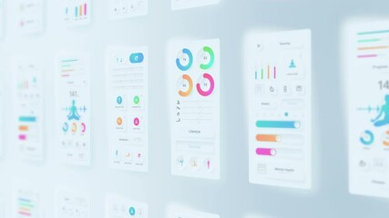 Creative design of yoga application. Neumorphism. Hi tech panel. Fitness and exercise concept. UI, UX, GUI mobile screens modern infographic. Loop animation.
