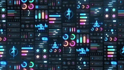 Hi tech panel of yoga application on dark background. Fitness and exercise concept. UI, UX, GUI mobile screens modern infographic. Loop animation.