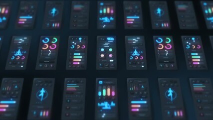 Hi tech panel of yoga application on dark background. Fitness and exercise concept. UI, UX, GUI mobile screens modern infographic. Loop animation.