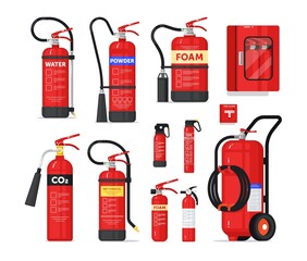 Wall Mural - Portable or industrial fire extinguisher firefighter equipment. Fire-fighting safety unit different shape and type for prevention and protection from flame spread vector illustration isolated on white