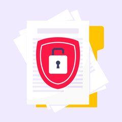Wall Mural - Privacy policy, safety lock and data protection metaphor. Shield with padlock on the paper with personal data security protection symbol flat style design vector illustration.
