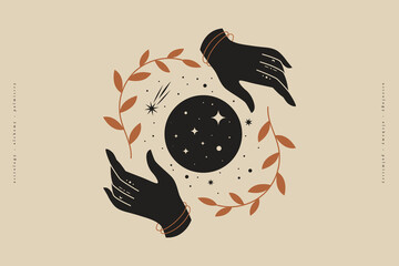 female hands hold branches around the shimmering moon. magic vector illustration in trendy minimal s