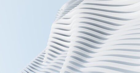 Parametric architecture of the future for presentations, graphic design. rchitectural composition, facade detail, wall, against  light empty sky -3D render.  Abstract geometric unobtrusive background.