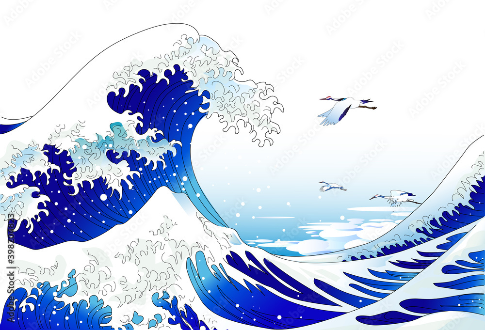 浮世絵的風景 大波と鶴の和風な風景イラスト Tapety 浮世絵的風景 大波と鶴の和風な風景イラスト Tapety