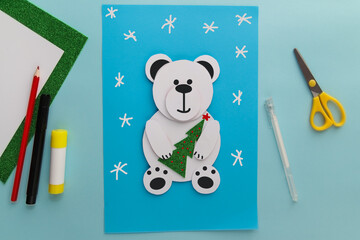 Crafts for children. Winter decoration from paper Polar Bear. Children's art project. DIY concept. Handmade Easy Paper Crafts For Kids