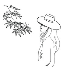 Wall Mural - Abstract one line woman. A girl in a hat contour drawing. Modern minimal art illustration. Elegant continuous line poster.