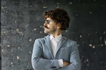 Wall Mural - hipser teacher glasses mustache, crystal modern young teacher, brutal guy concept with mustache