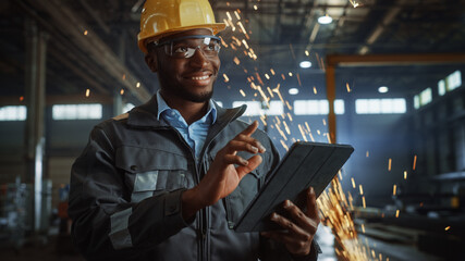 Wall Mural - Professional Heavy Industry Engineer/Worker Wearing Safety Uniform and Hard Hat Uses Tablet Computer. Smiling African American Industrial Specialist Standing in a Metal Construction Manufacture.