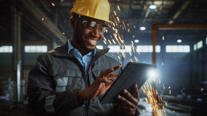 Aufkleber - Professional Heavy Industry Engineer/Worker Wearing Safety Uniform and Hard Hat Uses Tablet Computer. Smiling African American Industrial Specialist Standing in a Metal Construction Manufacture.