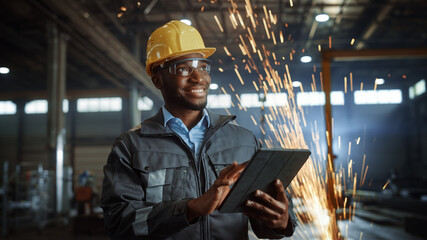 Aufkleber - Professional Heavy Industry Engineer/Worker Wearing Safety Uniform and Hard Hat Uses Tablet Computer. Smiling African American Industrial Specialist Standing in a Metal Construction Manufacture.