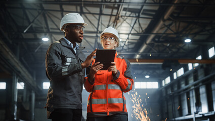 Aufkleber - Two Heavy Industry Engineers Stand in Steel Metal Manufacturing Factory, Use Digital Tablet Computer and Have a Discussion. Black African American Industrial Specialist Talk to Female Technician.