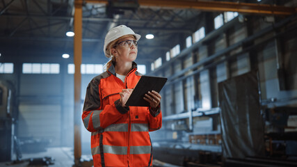Wall Mural - Professional Heavy Industry Engineer Worker Wearing Safety Uniform and Hard Hat, Using Tablet Computer. Serious Successful Female Industrial Specialist Walking in a Metal Manufacture Warehouse.