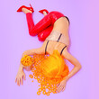 © Porechenskaya - Fast Food creative concept. Minimal art. Girl fell face down in corn cheese rings. Home party disco fashion style