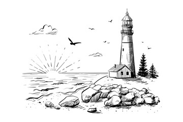 Vector landscape sketch - lighthouse, coastline, rocks, ocean, sunset.