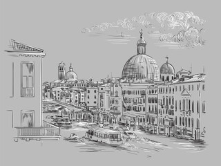 Wall Mural - Venice hand drawing vector illustration Grand canal gray