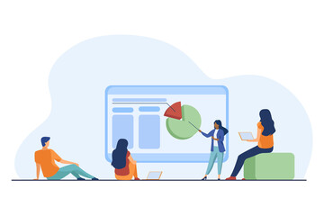 Wall Mural - tiny presenter explaining statistics to colleagues. chart, laptop, coach flat vector illustration. m