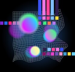 Wall Mural - Distorted neon grid pattern and glowing spheres. Abstract background. Retro wave, synthwave, rave, vapor. Blue, black, pink purple colors. Trendy retro 80s, 90s style. Print, poster, banner.