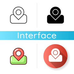 Sticker - Maps app icon. Real-time location. GPS directions. Street view. Navigating to destination. Road conditions reports. Worldwide map. Linear black and RGB color styles. Isolated vector illustrations