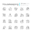 Housekeeping linear icons set. Keeping home clean and neat. Different housework, domestic chores customizable thin line contour symbols. Isolated vector outline illustrations. Editable stroke